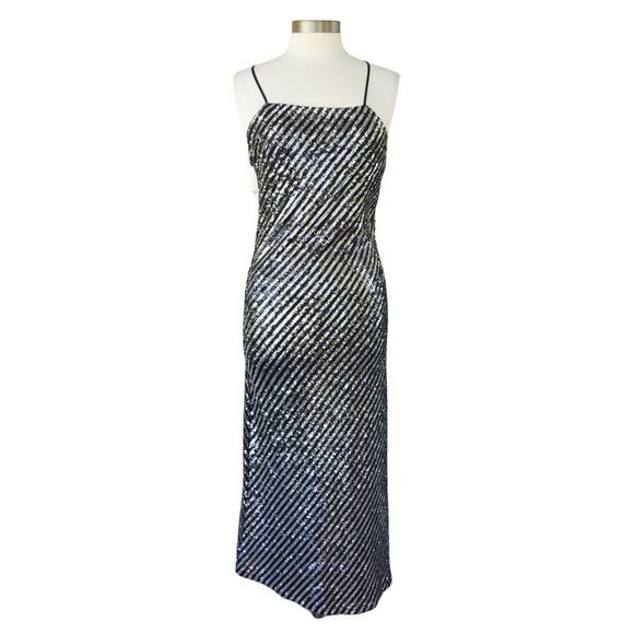 BARDOT Stripe Sequin Slip Maxi Dress Black Silver Formal Cocktail Party Prom - Picture 2 of 10